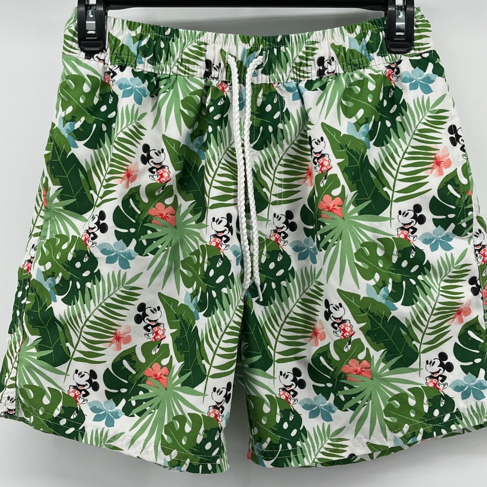 Disney Swim Trunks Men S White Green Excellent Mickey Mouse Tropical Floral